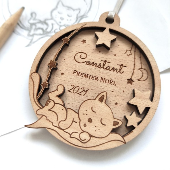 boule de noel chat en bois