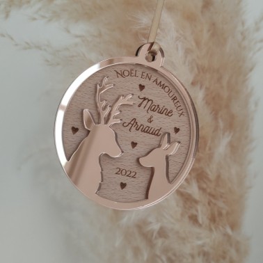 Boule de Noël personnalisée en bois – Famille de cerfs