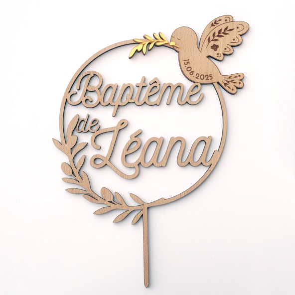 Cake topper colombe or – Communion ou baptême personnalisé