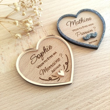 Magnet cœur personnalisé – Demande marraine et parrain en bois