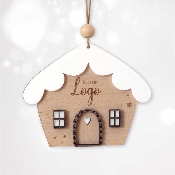 Boule de Noël chalet en bois personnalisée avec logo – Décoration professionnelle chaleureuse