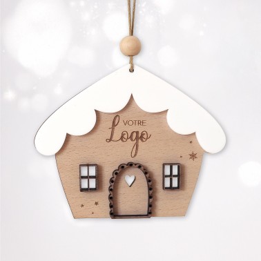 Boule de Noël chalet en bois personnalisée avec logo – Décoration professionnelle chaleureuse