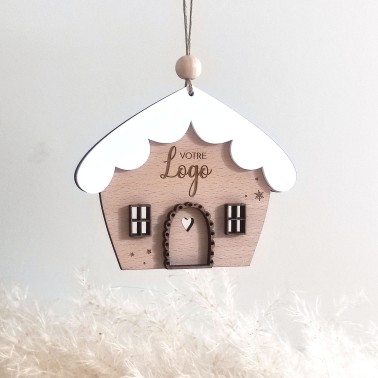 Boule de Noël chalet en bois personnalisée avec logo – Décoration professionnelle chaleureuse