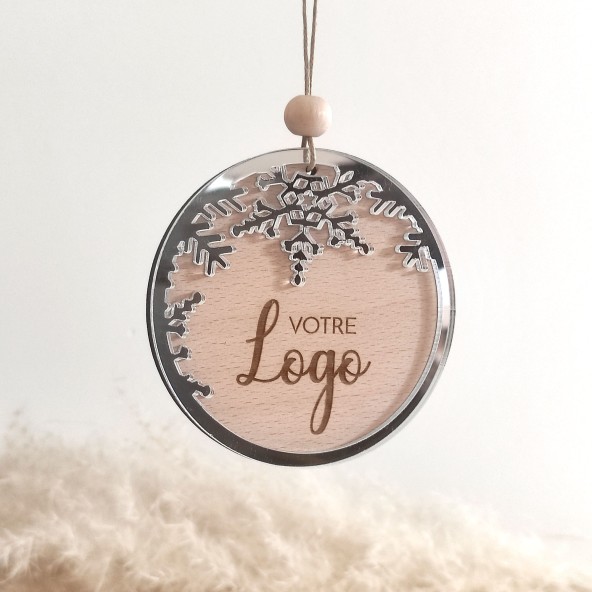 Boule de Noël ronde en bois avec flocon argenté personnalisée – Décoration professionnelle avec logo