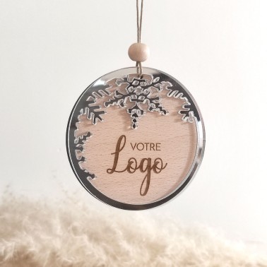 Boule de Noël ronde en bois avec flocon argenté personnalisée – Décoration professionnelle avec logo