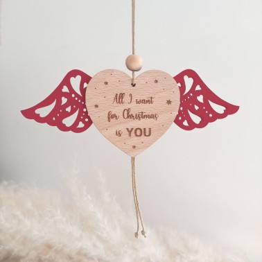Boule de Noël cœur ailé personnalisée en bois – Cadeau unique