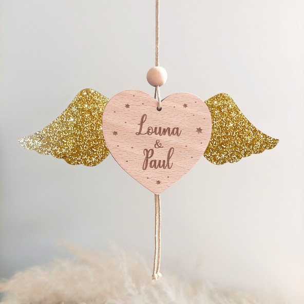 Boule noel personnalisée coeur ailé articulé