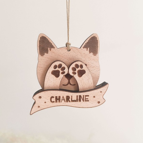 Boule de Noël chat en bois personnalisée – Décoration mignonne et articulée avec prénom