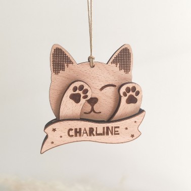 Boule de Noël chat en bois personnalisée – Décoration mignonne et articulée avec prénom