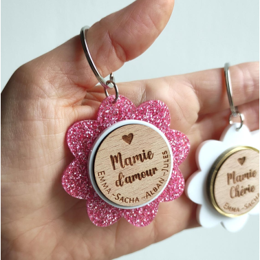 Porte-Clés Fleur Personnalisé Fête des Grands-Mères –Idée  Cadeau en Bois Gravé