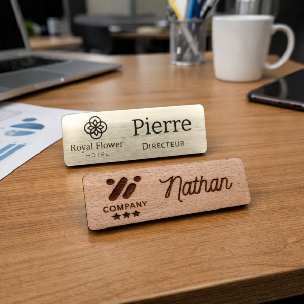 Badge logo aimanté en bois