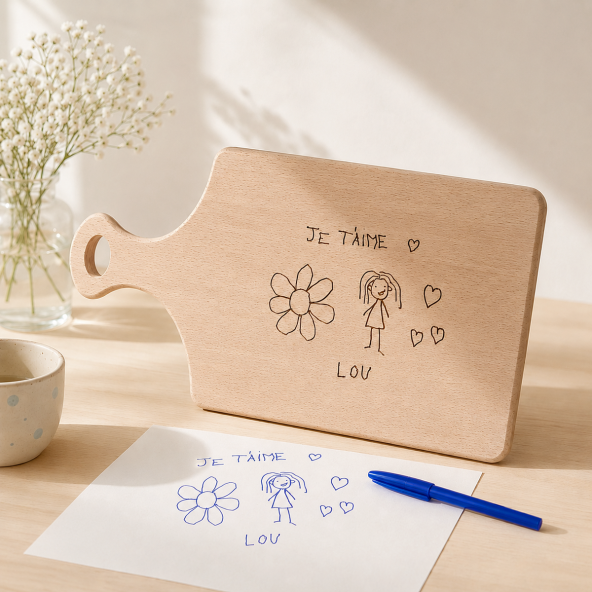 Planche à découper personnalisée avec dessin d’enfant - Idée cadeau papa maman