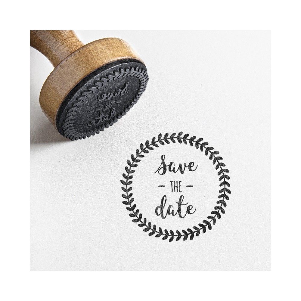 Tampon rond save the date mariage feullage